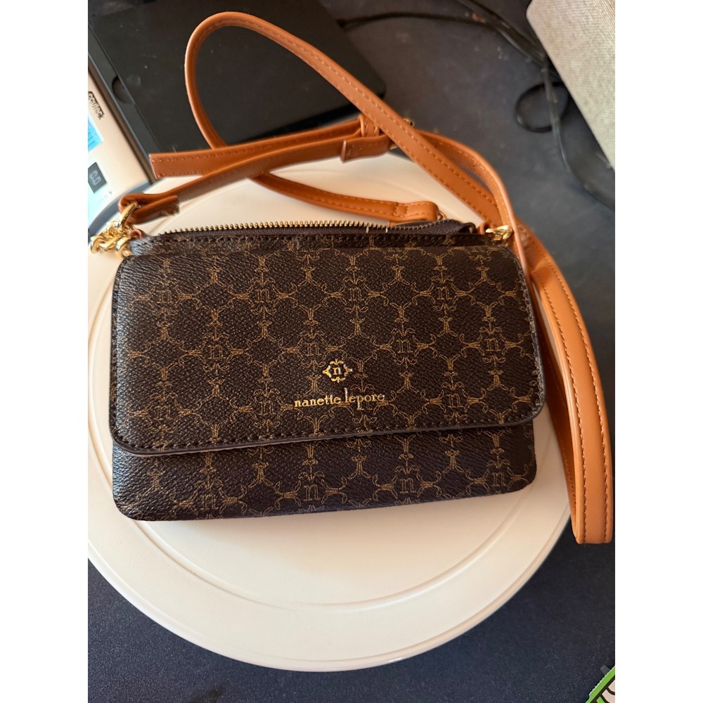 Nanette Lepore Brown Monogram Crossbody Bag Gold Chain Strap Wallet Purse